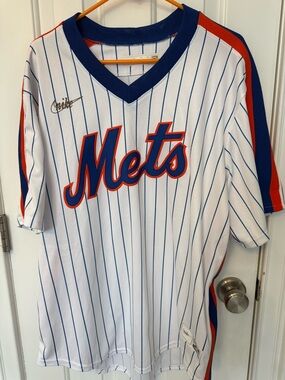 NWT Mets Pinstripe V-Neck Seaver Jersey with Blue & Orange Accents.
